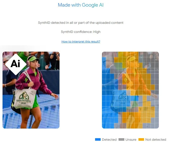 Lažna AI-fotografija Alex Eala Sa Torbom „Sara Duterte 2028“ — Original Objavila Novinarka, Google SynthID Potvrdio Manipulaciju