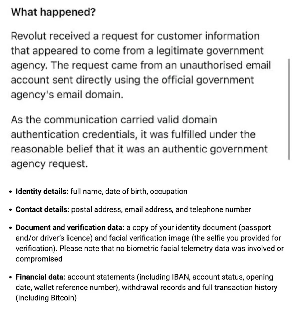 Revolut Says Fake Government Email Prompted Release Of Passports, Verification Photos And Bitcoin Records