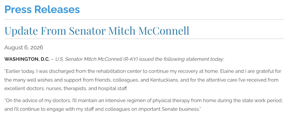 McConnell's Return Uncertain: Comer 'Expects' Him Back for Sept. 14, But Office Offers No Confirmation