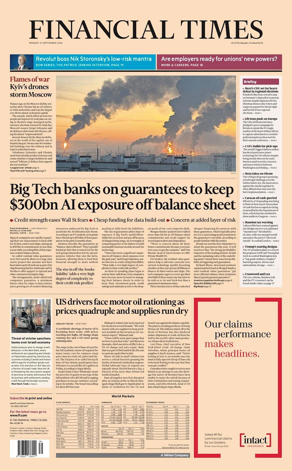 Moscow Drone Strike, Big Tech Risks and UK Tax Speculation Dominate Front Pages