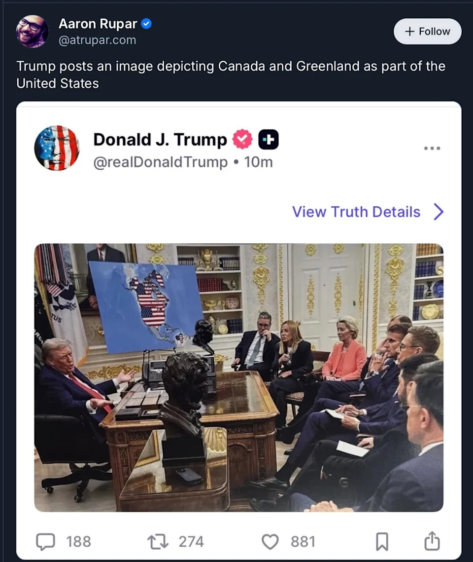 Trump, 80, Posts Ominous 'His Hemisphere' Image on Truth Social, Renewing Controversy Over Greenland