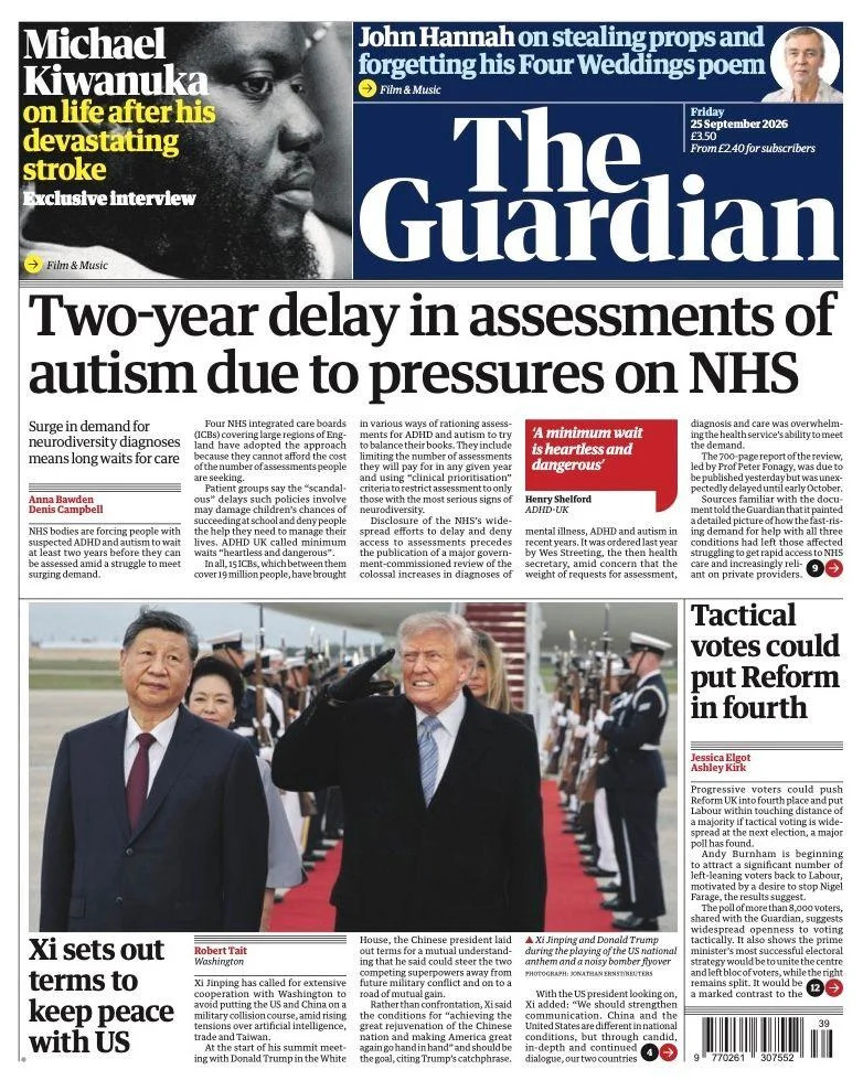 Front Pages: Xi Calls For Peaceful Coexistence; Fury vs Joshua Confirmed — NHS Under Severe Strain, Migrant Crossings And High-Profile Stories Dominate