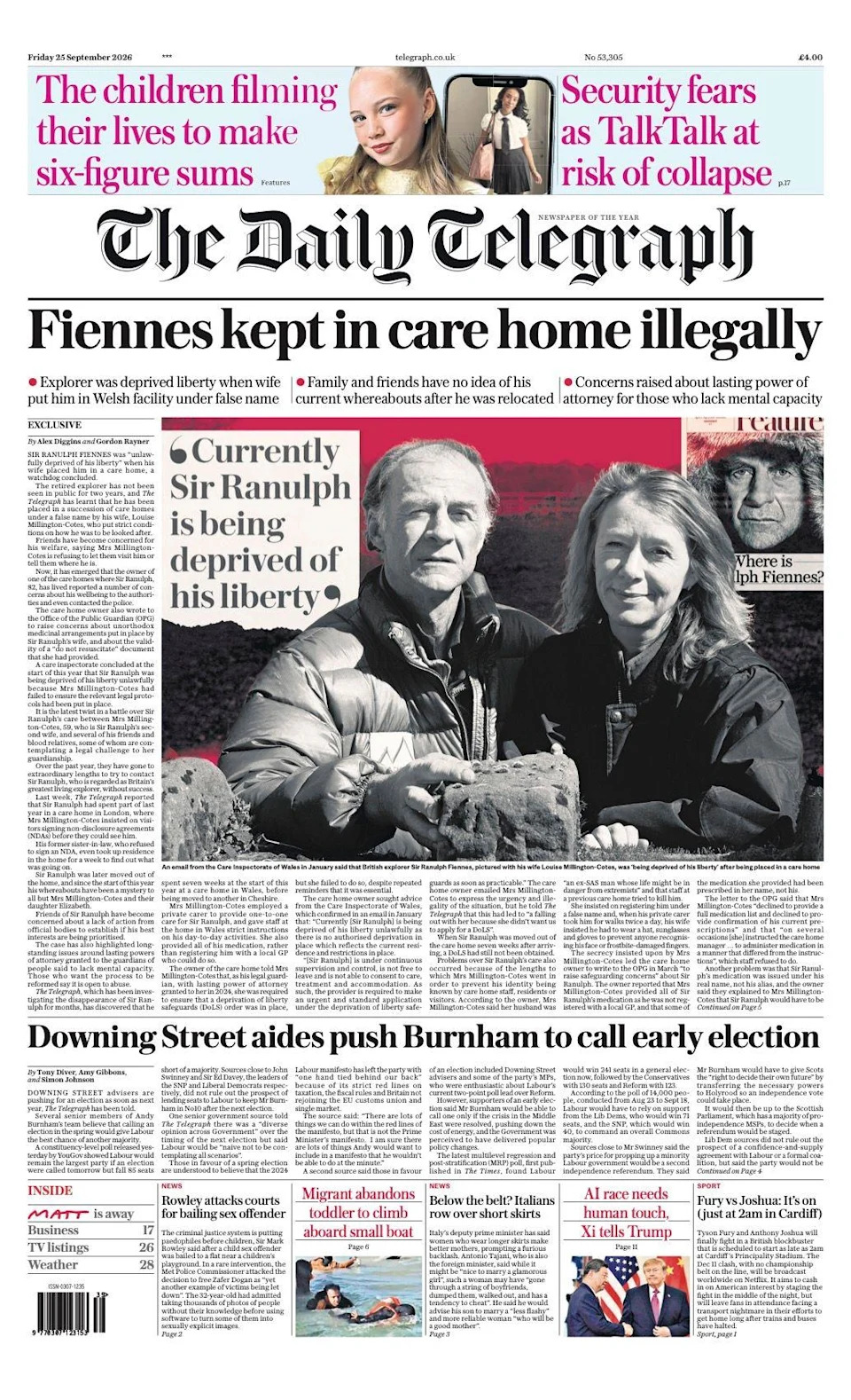 Front Pages: Xi Calls For Peaceful Coexistence; Fury vs Joshua Confirmed — NHS Under Severe Strain, Migrant Crossings And High-Profile Stories Dominate