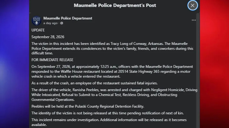 Arkansas Woman Arrested After Car Crashes Into Waffle House, Employee Killed