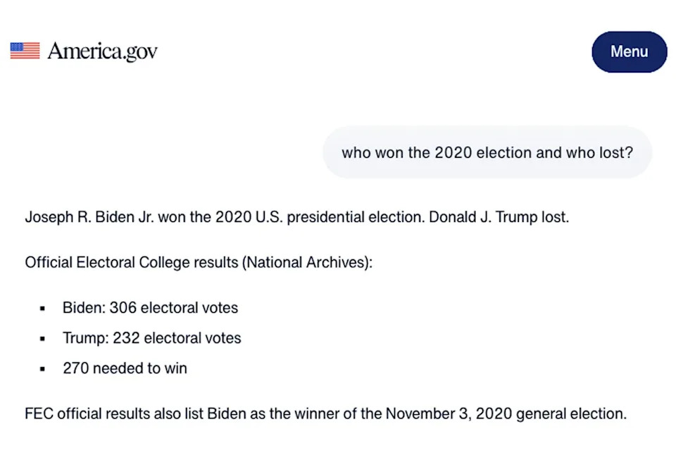 America.gov’s AI Acknowledges Biden Won 2020 Election — Government Site Cites Official Records