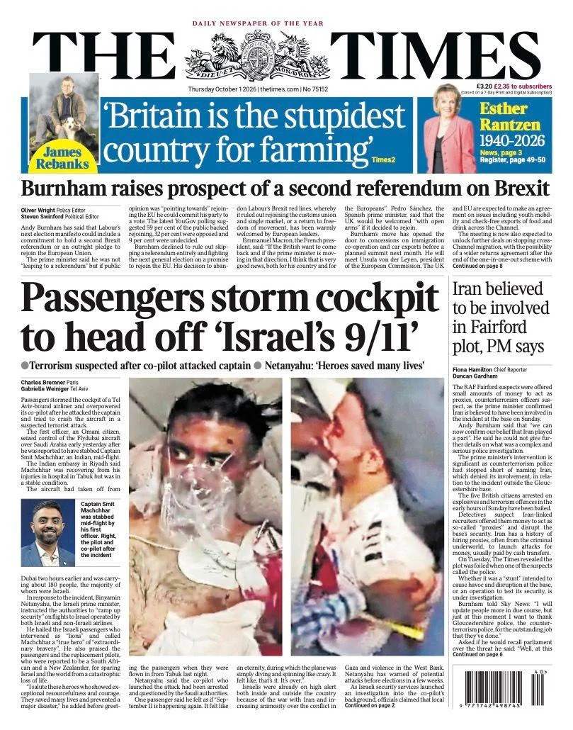 Chaos Aboard Flydubai Flight: Passengers Subdue Alleged Attacker After Captain Stabbed — UK Front Pages Also Honor Dame Esther Rantzen