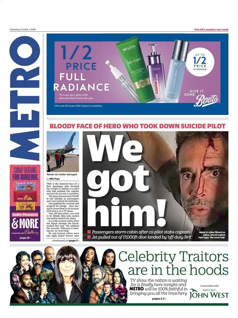 Chaos Aboard Flydubai Flight: Passengers Subdue Alleged Attacker After Captain Stabbed — UK Front Pages Also Honor Dame Esther Rantzen