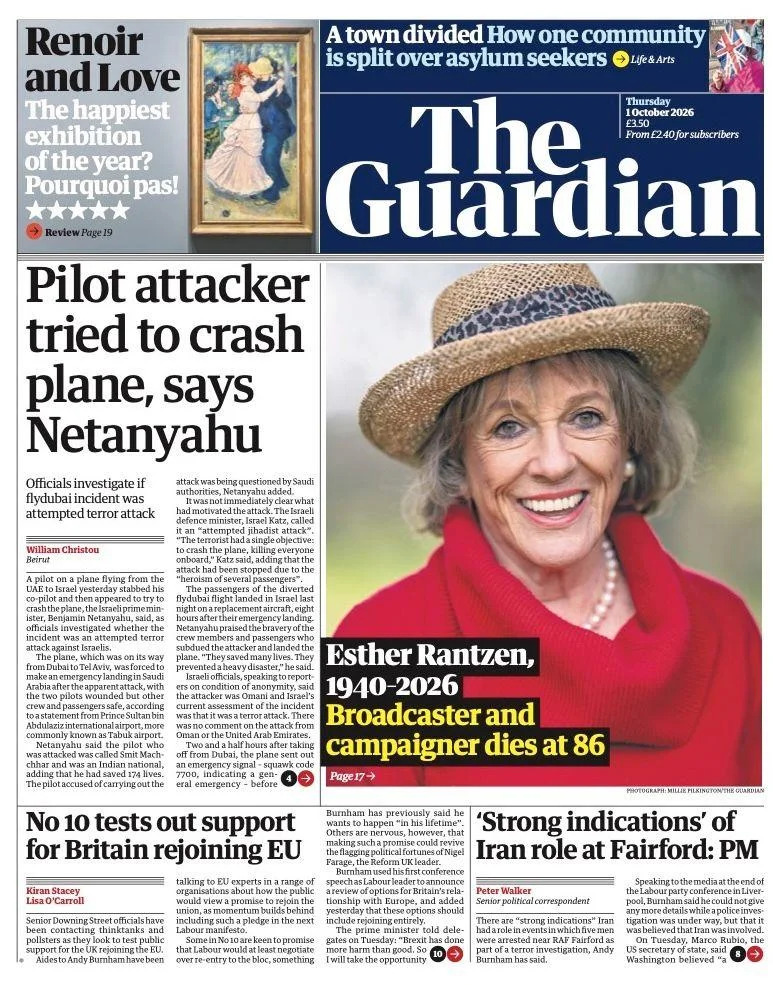 Chaos Aboard Flydubai Flight: Passengers Subdue Alleged Attacker After Captain Stabbed — UK Front Pages Also Honor Dame Esther Rantzen