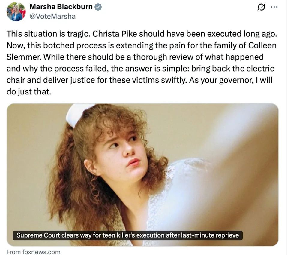 Blackburn Urges Return Of Electric Chair After Botched Execution Leaves Inmate Critical
