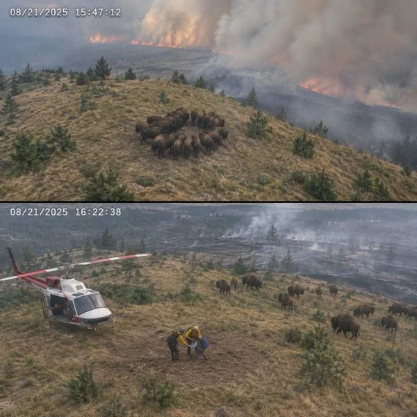 Fact Check: Viral Photo Of Bison 'Protecting' Hiker From Wildfire Is Fake
