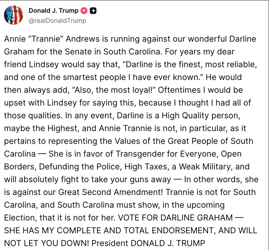 Trump Repeats Anti-Trans Slur in Truth Social Post Targeting Democratic Senate Candidate